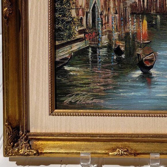 Oil Painting On Canvas Venetian Canal Scene Signed Venice Gondolas Framed Vtg - Picture 10 of 14